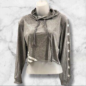 Rainbow Cropped Hoodie Women's Large Grey Star Sleeve Accents Drawstring